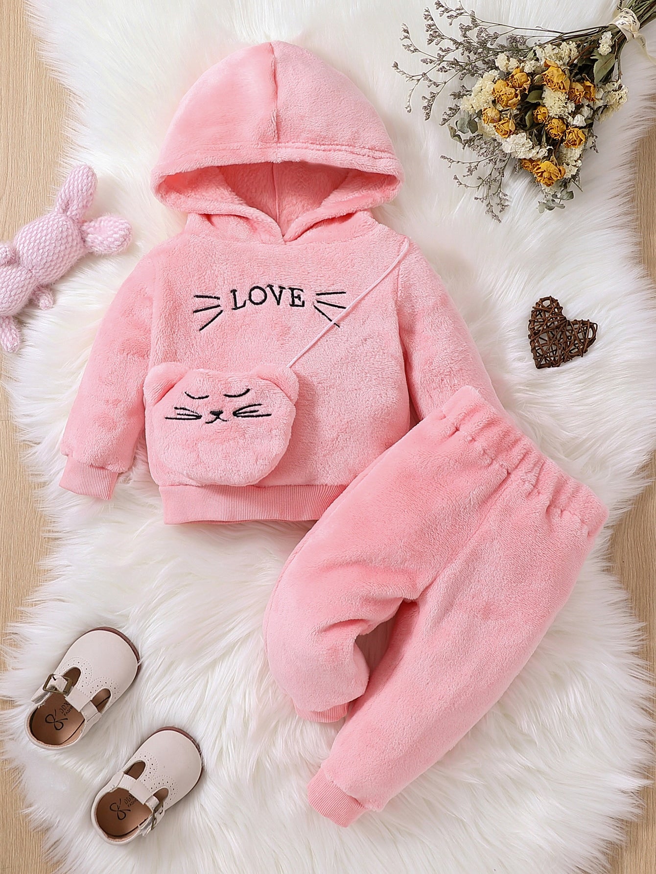 Baby Girl Letter Embroidery Teddy Hoodie & Pants & Bag