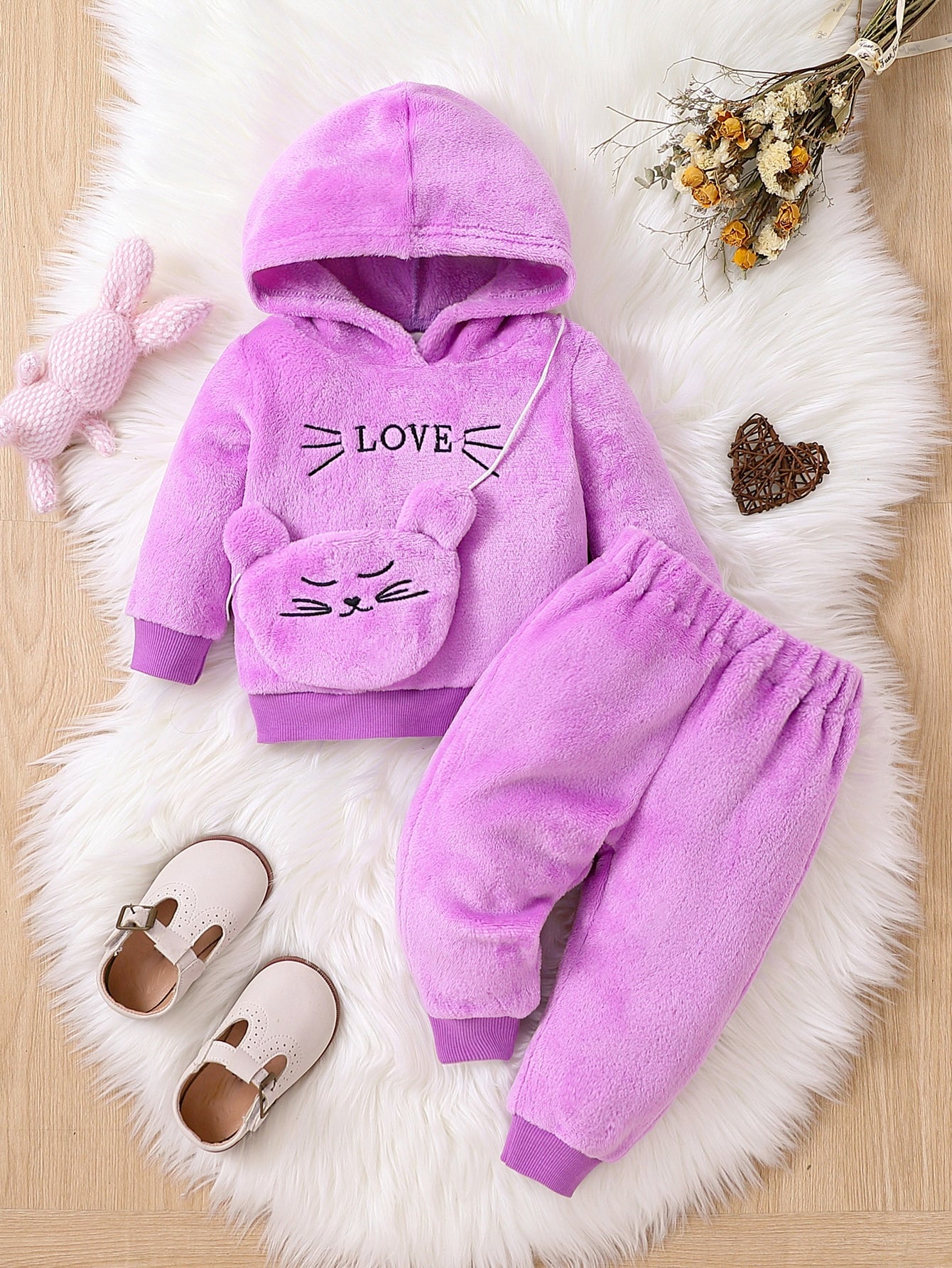 Baby Girl Letter Embroidery Teddy Hoodie & Pants & Bag