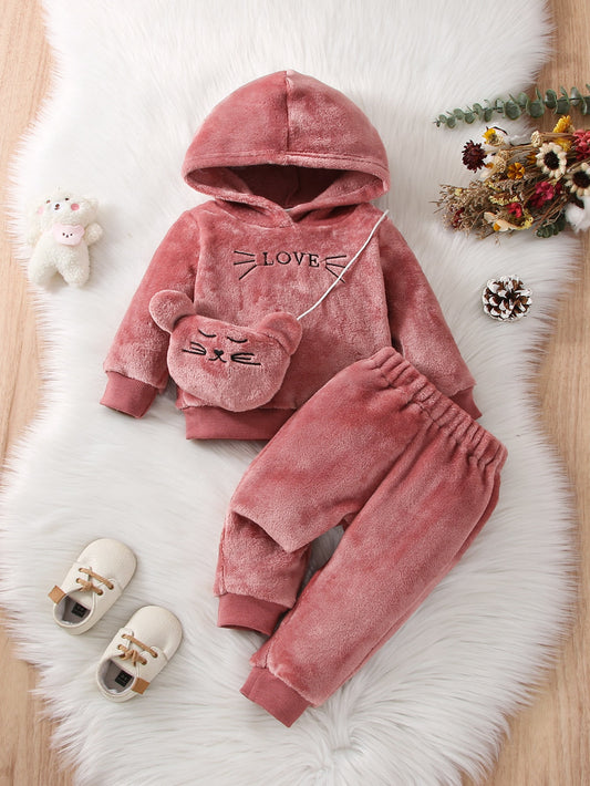 Baby Girl Letter Embroidery Teddy Hoodie & Pants & Bag