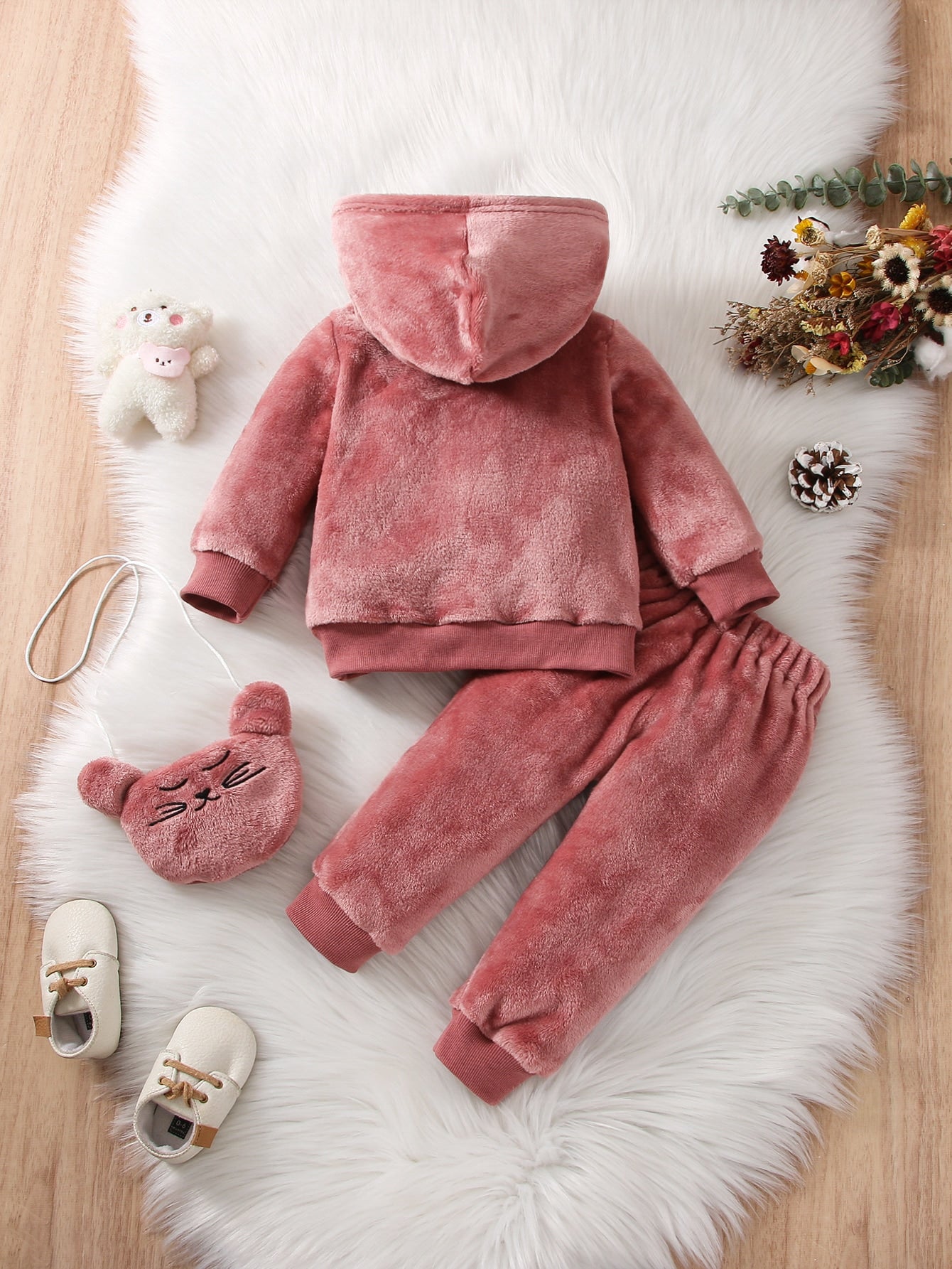 Baby Girl Letter Embroidery Teddy Hoodie & Pants & Bag