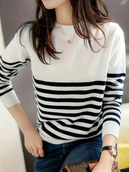 INAWLY  EZwear Women Striped Print Simple Daily Crew Neck Long Sleeve Sweater