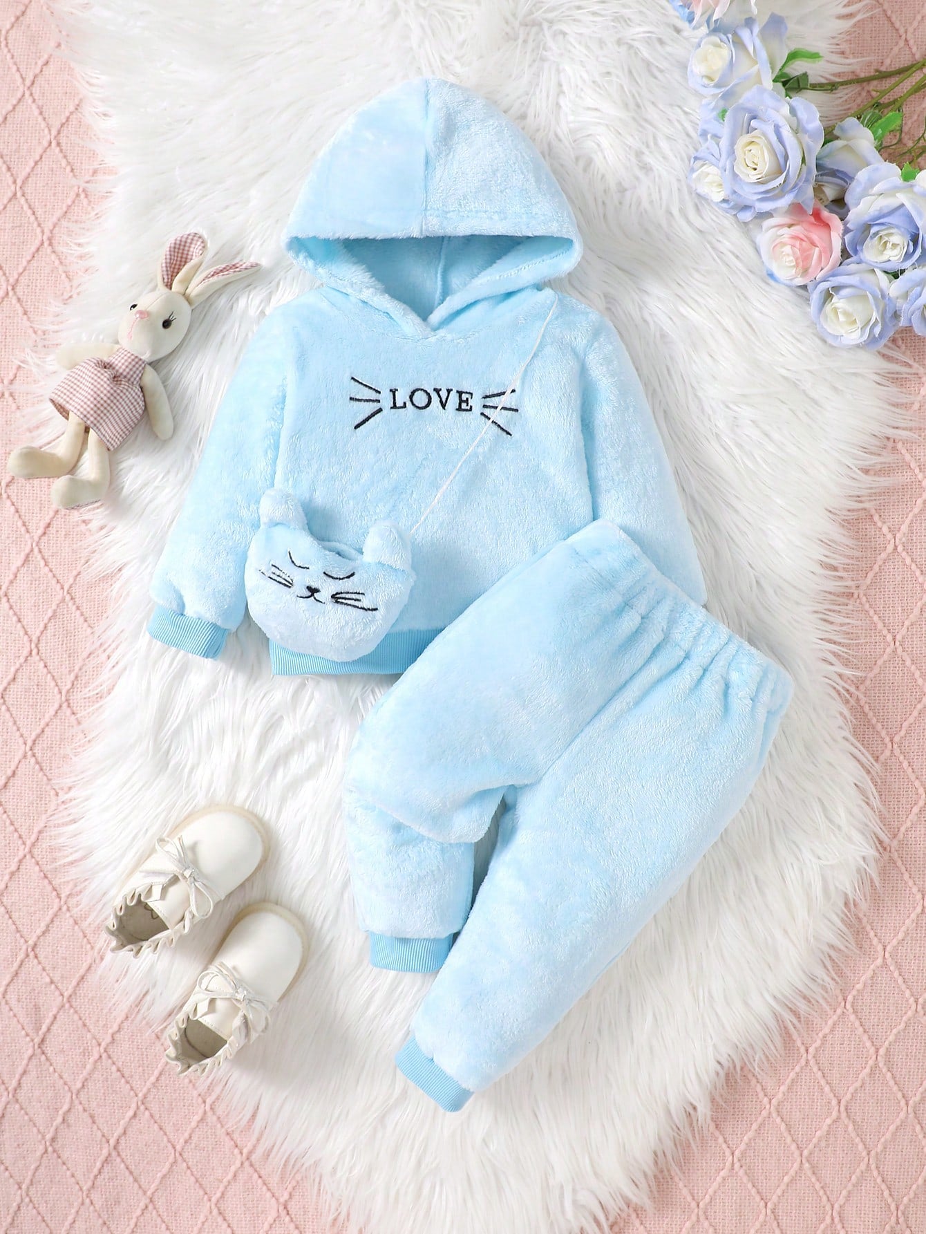 Baby Girl Letter Embroidery Teddy Hoodie & Pants & Bag