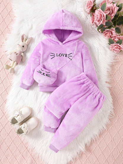 Baby Girl Letter Embroidery Teddy Hoodie & Pants & Bag