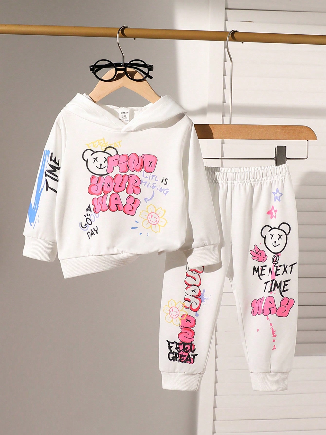 2pcs/Set Baby Girls' Comfy Casual Graffiti Print Hoodie Sweatshirt And Pants Set, For Daily Activities