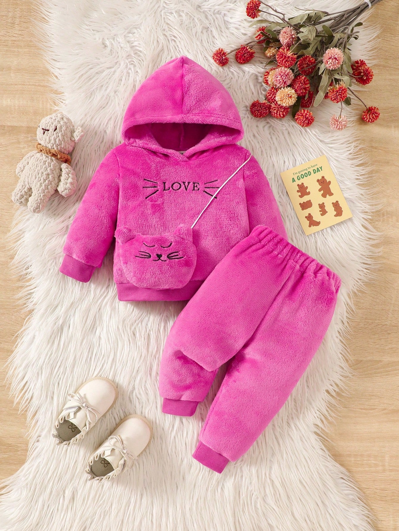 Baby Girl Letter Embroidery Teddy Hoodie & Pants & Bag