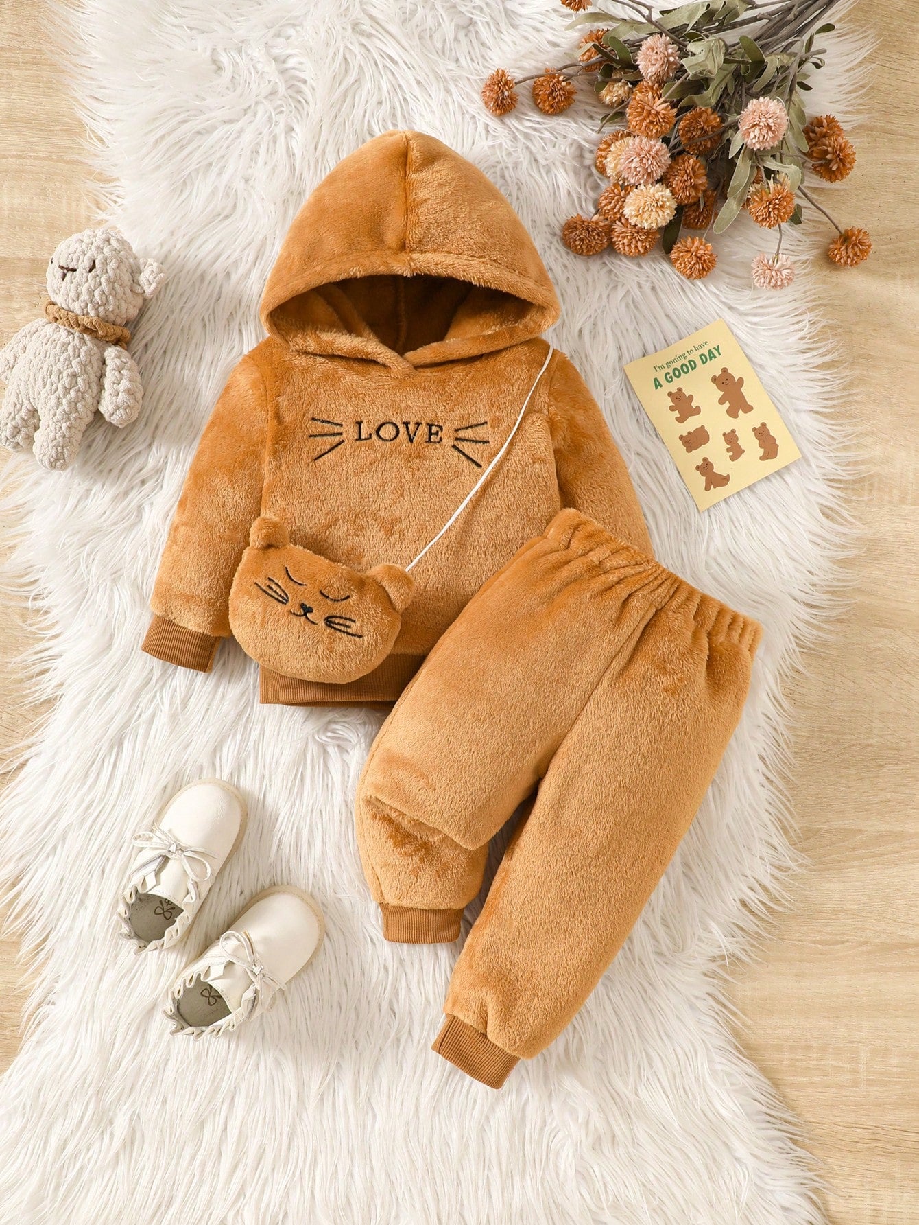 Baby Girl Letter Embroidery Teddy Hoodie & Pants & Bag