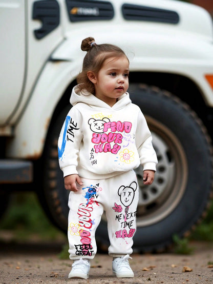 2pcs/Set Baby Girls' Comfy Casual Graffiti Print Hoodie Sweatshirt And Pants Set, For Daily Activities