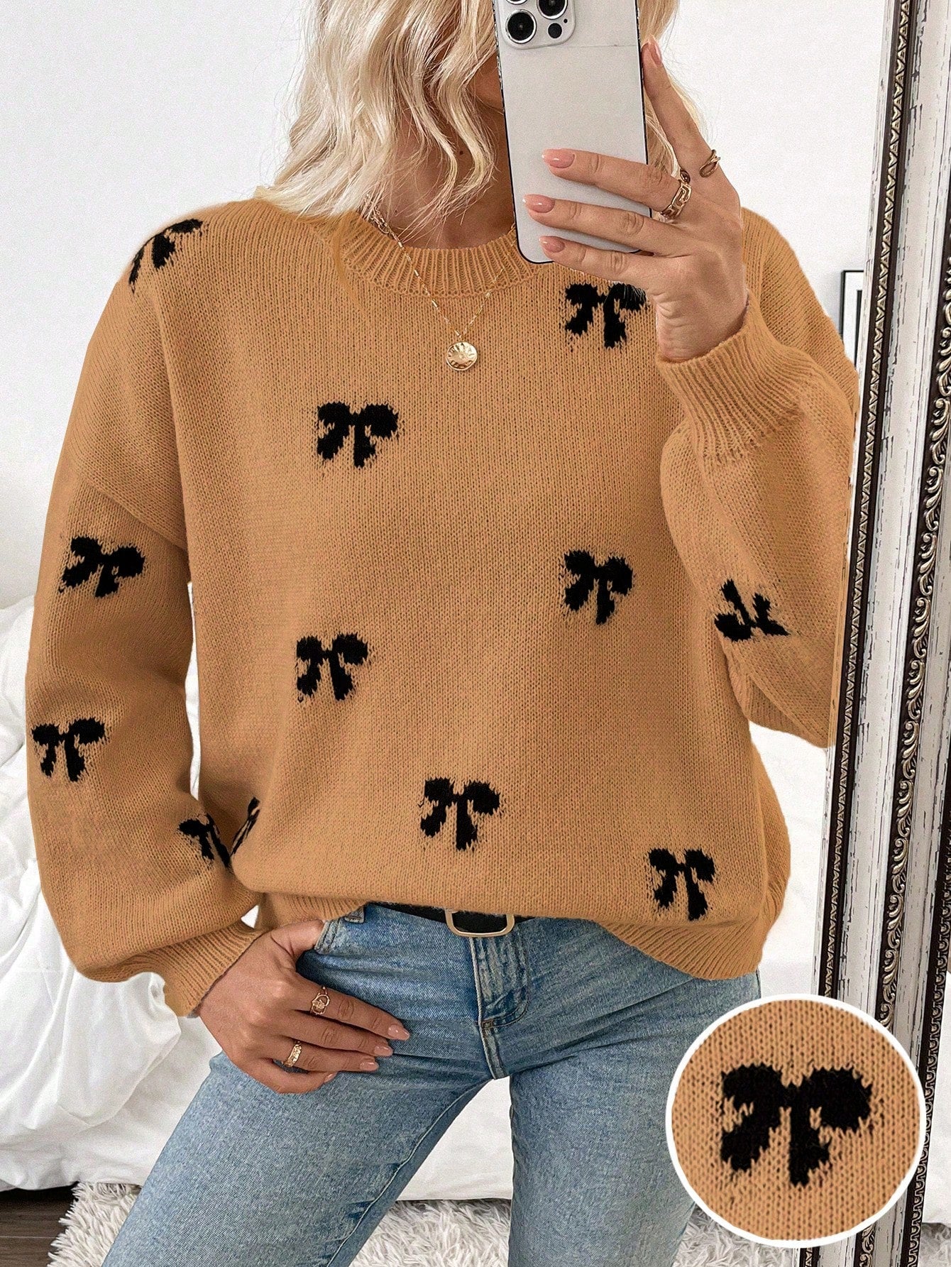 Franclia 2024 New Autumn Winter Fashionable Designer Bow Decor Casual Pullover Sweater