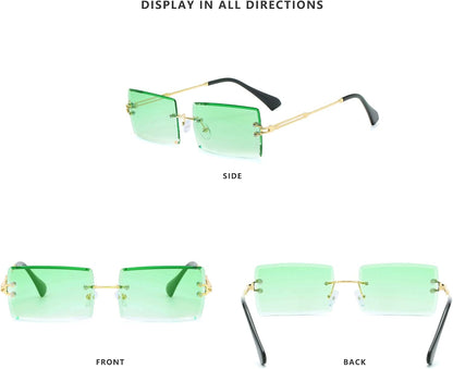 Retro Rimless Rectangle Sunglasses for Women Men Tinted Lens Gold Metal Frameless Vintage Square Glasses