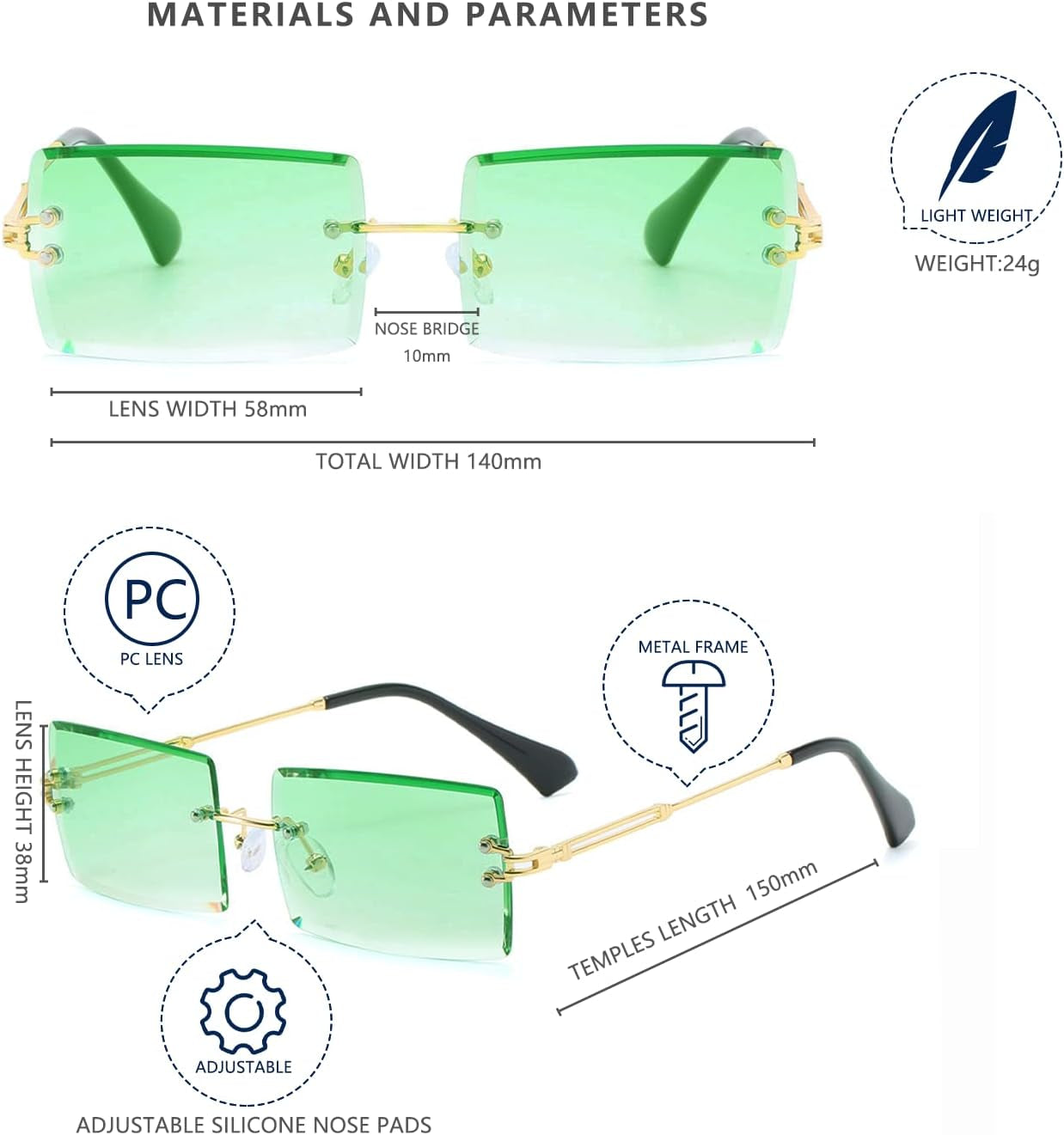 Retro Rimless Rectangle Sunglasses for Women Men Tinted Lens Gold Metal Frameless Vintage Square Glasses