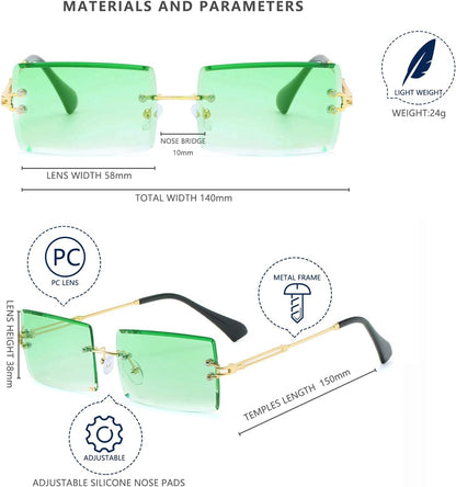 Retro Rimless Rectangle Sunglasses for Women Men Tinted Lens Gold Metal Frameless Vintage Square Glasses