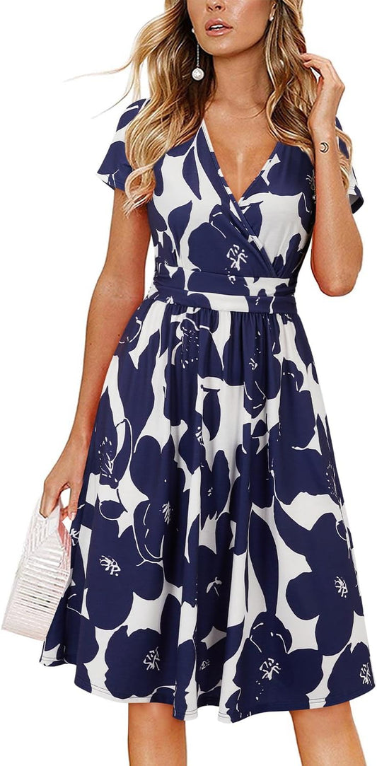 Women'S Summer Short Sleeve V-Neck Floral Short Party Dress with Pockets