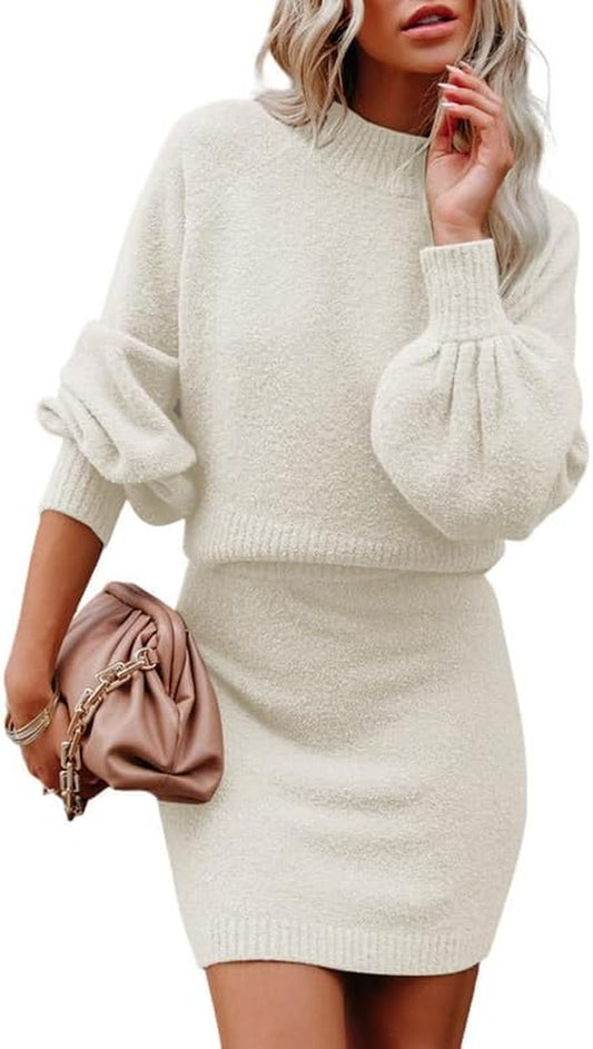 Women'S 2 Piece Outfits Sweater Set Puff Long Sleeve Knit Cropped Top and Bodycon Skirt Dress