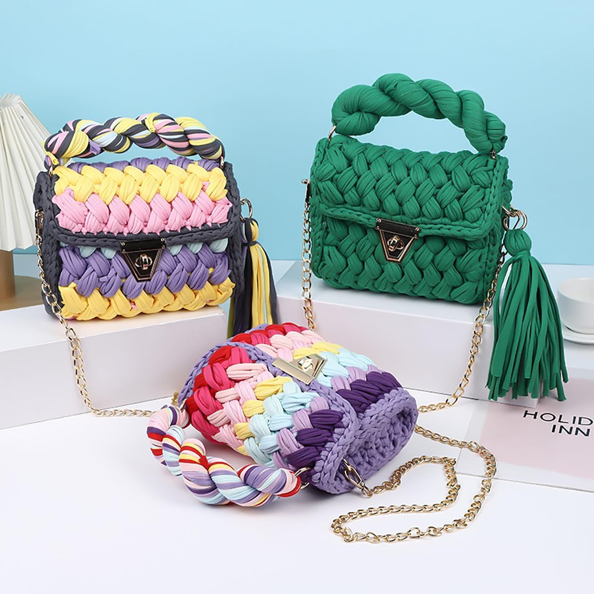 Handwoven Chunky Yarn Crochet Tote Bag for Women - Crossbody Shoulder Bag with DIY Knot Design