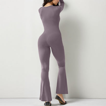 Women Long Sleeve Belly Waist Shaping and Hip Lift Square Collar Wide Leg High Elastic Jumpsuit